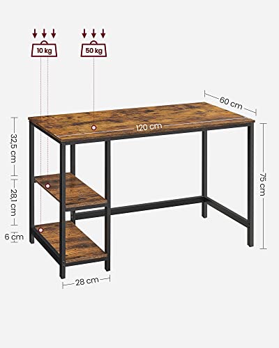 Birou calculator, cu 2 rafturi pe stanga sau dreapta, cadru de otel, design industrial, maro rustic - negru, 120 x 60 x 75 cm, Vasagle