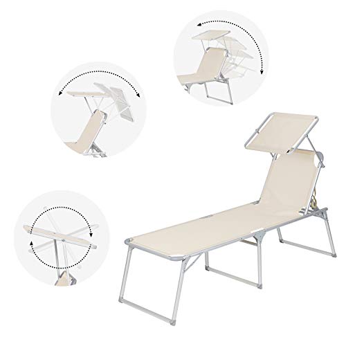 sezlong, sezlong mare cu spatar reglabil, 65 x 200 x 48 cm, Capacitate de incarcare 150 kg, cu spatar reglabil, umbrela de soare, pliabil, pentru gradina, Balcon, Terasa, Bej SONGMICS