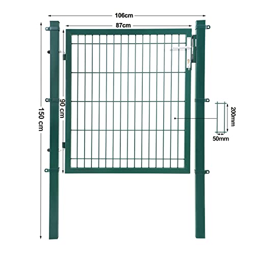 Poarta pentru Gradina  cu Grila, Poarta pentru Gradina cu Sudura si incuietoare si Chei, Solida si Durabila, Dimensiuni 106 x 150 cm, Dimensiunea Grilei 50 x 200 mm, Verde SONGMICS