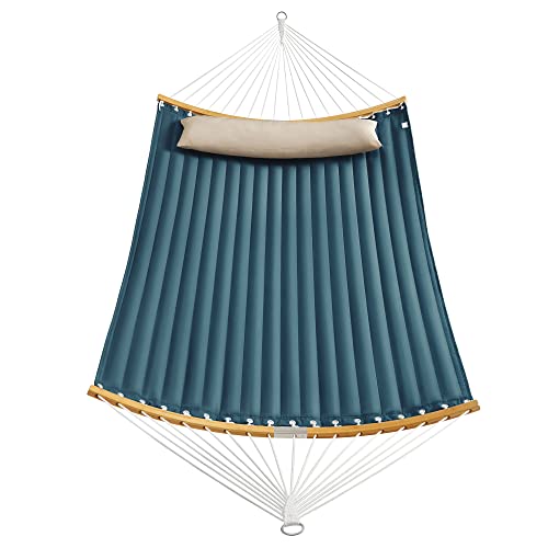 Hamac Dublu Cu Perne , Hamac Matlasat cu Extensii de Bambus Curbate Detasabile, Pat Leagan cu Perna, tesatura Oxford, 200 x 140 cm, Capacitate de incarcare 225 kg, Albastru si Bej SONGMICS