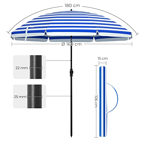 Umbrela de Plaja 1.6 m, Umbrela de Soare, Protectie Solara cu UPF 50+, Canopie Octogonala Portabila, Mecanism de inclinare, Ventilatie, Geanta de Transport, pentru Plaja, Gradini, Balcon, Piscina, Dungi Albastre si Albe SONGMICS