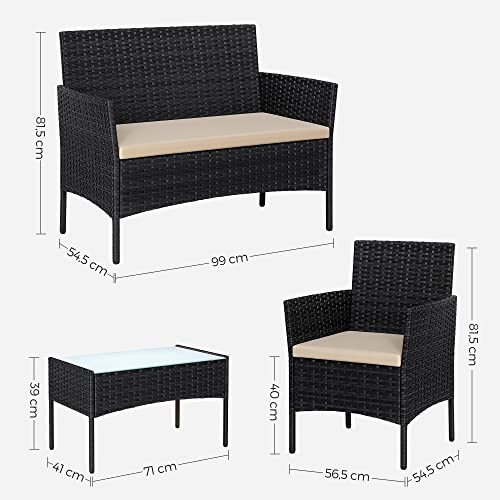 Set de Mobilier pentru Balcon  , Mobilier de Gradina din PE Poliratan, Set de Lounge pentru Curte cu Masa si Scaune, Mobilier de Gradina pentru Balcon si Curte, Negru Bej SONGMICS