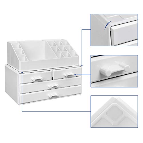 Organizator Cosmetice, Suport de Depozitare pentru Machiaj cu 4 Sertare si 16 Compartimente de Dimensiuni Diferite, Pernite Antiderapante, pentru Machiaj si Accesorii de Bijuterii, Alb SONGMICS