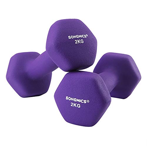 Set de gantere , 2 x 2 kg, gantere nealunecatoare cu acoperire mata din neopren, antrenament acasa, antrenament de forta, mov SONGMICS