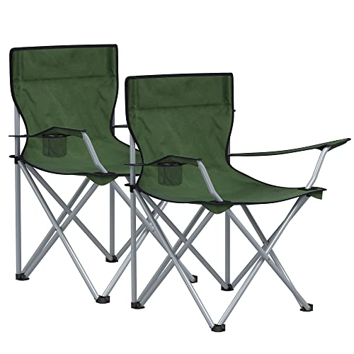 Scaune pliante pentru camping, set de 2 scaune de exterior, cu brate, suport pentru pahar, portabile, capacitate de incarcare de 120 kg, pentru camping, gradina, pescuit, plaja, balcon, verde militar SONGMICS