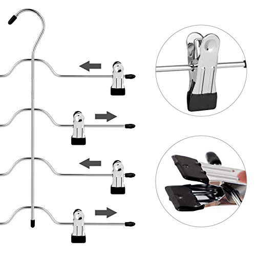 Umerase pentru Pantaloni cu Clips, Set de 3 Suporturi Metalice pentru Pantaloni cu 4 Nivele, cu 8 Clipsuri Ajustabile Antiderapante, pentru Pantaloni Camasi Prosoape sorturi, 32 cm, Argintii si Negre SONGMICS