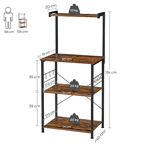 Rack de Bucatarie  cu 3 Polite, Rack de Bucatarie cu 6 Carlige in Forma de S, Design Industrial, Polita pentru Cuptorul cu Microunde, Ustensile de Gatit, Condimente, Oale si Tigai, Maro Vintage-Negru, VASAGLE