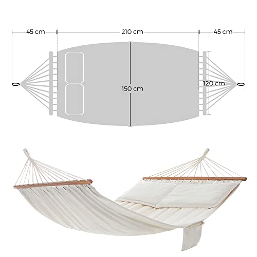 Hamac Dublu  cu 2 Perne, Pat Leagan Potrivit pentru 2 Persoane, 70% Bumbac, 210 x 150 cm, Capacitate de incarcare 300 kg, Bej SONGMICS