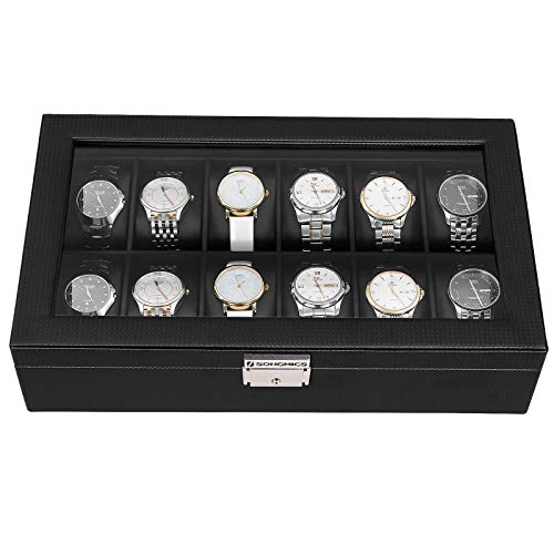 Cutie ceasuri cu 12 compartimente, cutie mare ceas cu capac din sticla, capac PU, captuseala din catifea, inchidere metalica, 36,2 x 9 x 21,3 cm, negru