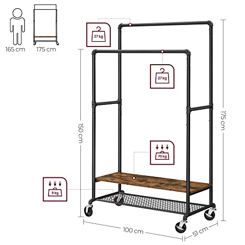 Suport pentru Haine   cu Roti, 2 Bare pentru Haine si 2 Polite 51 x 100 x 150/175 cm Design Industrial Maro Vintage / Negru, VASAGLE