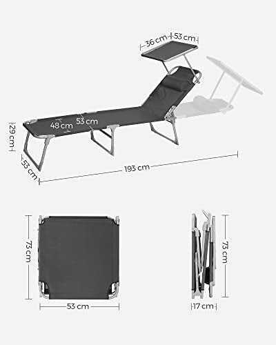 sezlong de soare, sezlong, scaun de plaja reclinabil, cu tetiera, spatar reglabil, umbrela de soare, usor, pliabil, 53 x 193 x 29,5 cm, capacitate de incarcare 150 kg, pentru gradina, gri inchis SONGMICS