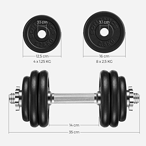 Set de 2 gantere din fonta , 2 x 15 kg placi de greutate, reglabile pentru barbati si femei, antrenament de fitness, ridicarea greutatilor, sala de sport la domiciliu, negre SONGMICS