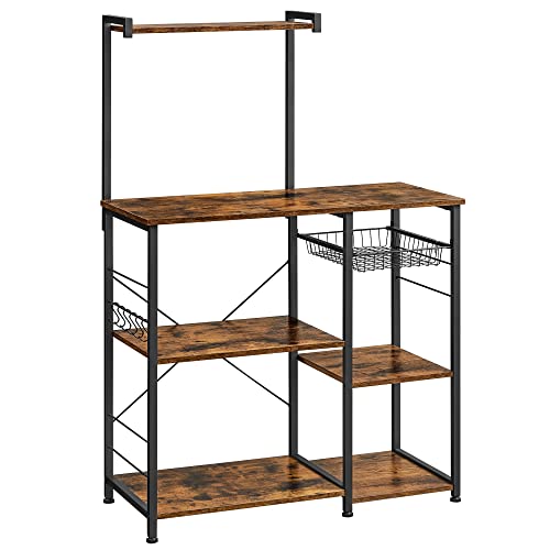 Rack de Bucatar  cu Polite, Suport pentru Cuptorul cu Microunde cu Cos Metalic, 6 Carlige S, Polita de Bucatarie, Depozitare Utilitara pentru Condimente, Oale si Tigai, Maro Rustic, VASAGLE