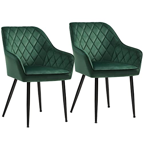 Set de 2 scaune tapitate cu brate  , latimea sezutului de 49 cm, picioare metalice, husa din catifea, capacitate maxima de incarcare 110 kg, pentru studiu, camera de zi, dormitor, verde SONGMICS