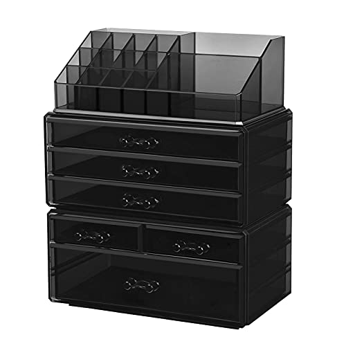 Organizator Mare din Acrilic pentru Machiaj, Cutie pentru Cosmetice cu 6 Sertare, pentru Palete, Pensule, Fond de Ten, Rujuri, Oje, Agrafe de Par, Cadou Minunat pentru Cei Dragi, Negru SONGMICS