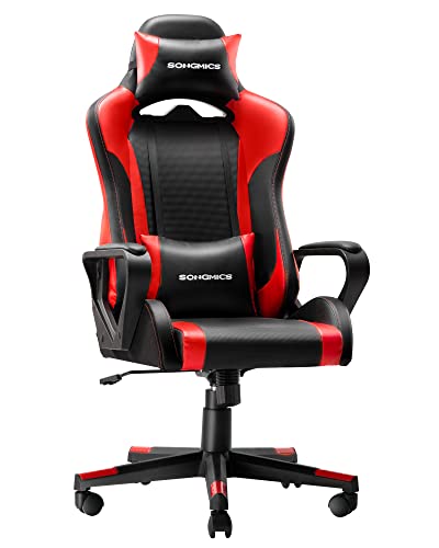 Scaun de Gaming, Scaun de Calculator, Scaun de Birou, Tetiera Detasabila, Perna Lombara, Reglabil pe inaltime, Functie de Leganare, Capacitate Maxima de 150 kg, Ergonomic, Negru/Rosu SONGMICS