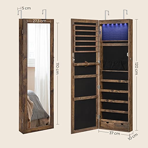 Dulap pentru Bijuterii , Armoire, Unitate de Organizare Montata pe Perete cu inchidere, pentru Coliere si Cercei, cu Oglinzi si Diverse Compartimente, Maro Rustic SONGMICS