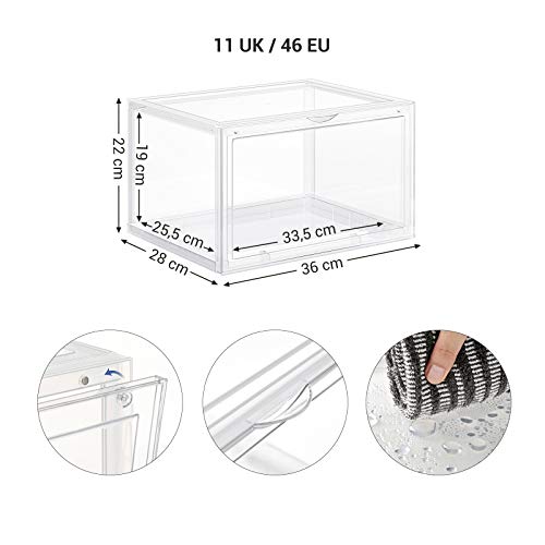 Cutii pentru Pantofi, Set de 3 Organizatoare pentru Pantofi Suprapunere cu Usa Transparenta, Stocare pentru Pantofi din Plastic, Potrivite pentru Marimea 45 UK, 36 x 28 x 22 cm, Transparente SONGMICS