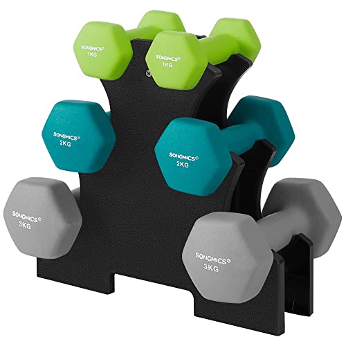 Set de gantere hexagonale  cu suport - 2 x 1 kg, 2 x 2 kg, 2 x 3 kg, finisaj mat din neopren, gantere de mana pentru exercitii acasa, lime, teal si gri deschis SONGMICS