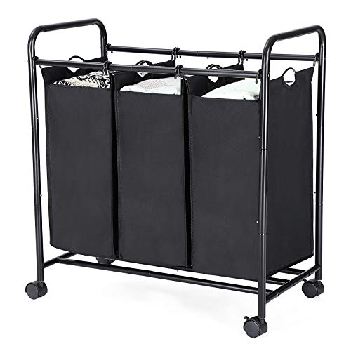 Sorter de Rufe cu Roti , Cos de Rufe cu 3 Saci Detasabili, Troler pentru Rufe, Organizator de Jucarii cu Roti, Solid, 3 x 44L, Negru SONGMICS