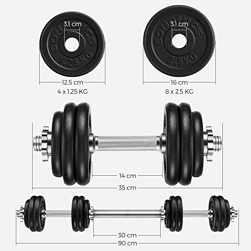 Set de gantere  2 in 1, 2 gantere ajustabile din fonta de 15 kg cu bara suplimentara pentru barbell, antrenament de fitness, ridicarea greutatilor, la sala de sport la domiciliu, negru SONGMICS