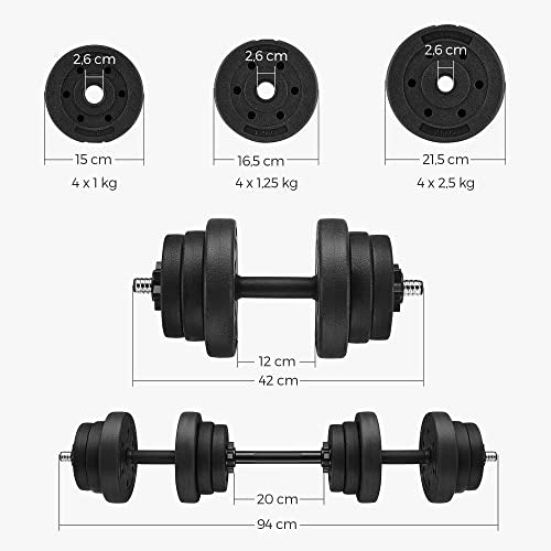 Set de gantere  2 in 1, 2 gantere ajustabile de 10 kg cu bara suplimentara pentru barbell, placi de greutate acoperite cu plastic, exercitii de fitness, sala de sport la domiciliu, negru SONGMICS