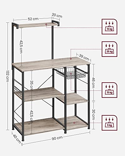 Rack de Bucatar  cu Polite, Suport pentru Cuptorul cu Microunde cu Cos Metalic, 6 Carlige S, Polita de Bucatarie, Depozitare Utilitara pentru Condimente, Oale si Tigai, Gri si Negru, VASAGLE