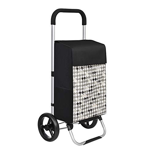 Carucior pentru Cumparaturi cu Roti, Carucior pentru Cumparaturi, Capacitate de Incarcare 40L, cu Pungi, Roti Silentioase, Carlige, 47 x 33 x 97 cm, Model Houndstooth, Negru SONGMICS