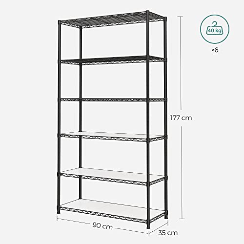 Raft de bucatarie cu 6 nivele, Raft din metal, Raft de podea, Raft de inaltime reglabila, cu placi din PP, 8 carlige S, pentru bucatarie, camera de zi, economisire de spatiu, Negru SONGMICS