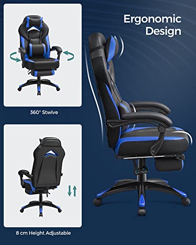 Scaun de Gaming, Scaun de Birou de Racing cu Suport pentru Picioare, Design Ergonomic, Suport Reglabil pentru Cap, Suport Lombar, Capacitate de incarcare 150 kg, Negru si Albastru SONGMICS