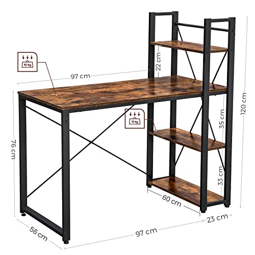 Birou calculator, cu 3 rafturi asamblare stanga sau dreapta, stabil, stil industrial, maro rustic - negru, 120  x 76 x 56 cm, Vasagle