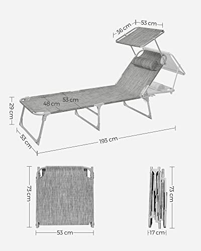 sezlong de soare, sezlong, scaun de plaja reclinabil, cu tetiera, spatar reglabil, umbrela de soare, usor, pliabil, 53 x 193 x 29,5 cm, capacitate de incarcare 150 kg, pentru gradina, greige SONGMICS