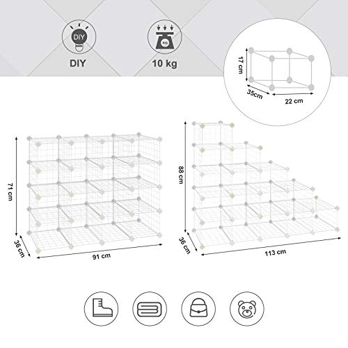 Suport pentru pantofi modular cu 15 cuburi, Raft DIY cu panouri din plasa metalica, Cabinet cu usa pentru hol sau dormitor, Include ciocan de cauciuc, Alb, SONGMICS