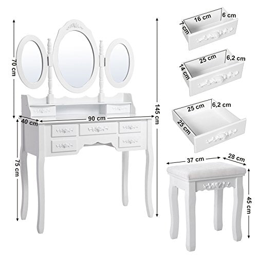 Set de toaleta luxos fixat pe perete  cu 3 oglinzi, scaun, 7 sertare cu 2 separatoare, masa de machiaj SONGMICS