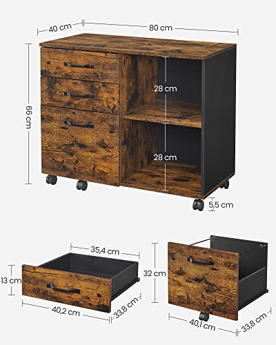 Cabinet de Fisiere  cu 3 Sertare, Cabinet de Arhivare Lateral Mobil cu Compartimente Deschise, pentru Documente A4, Scrisori, Suport pentru Imprimanta, Stil Industrial, Maro Rustic si Negru, VASAGLE