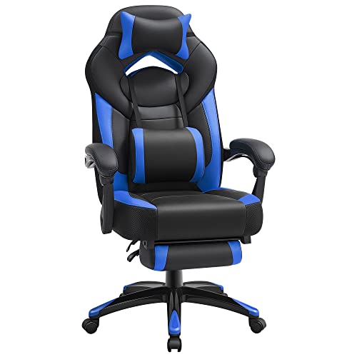 Scaun de Gaming, Scaun de Birou de Racing cu Suport pentru Picioare, Design Ergonomic, Suport Reglabil pentru Cap, Suport Lombar, Capacitate de incarcare 150 kg, Negru si Albastru SONGMICS