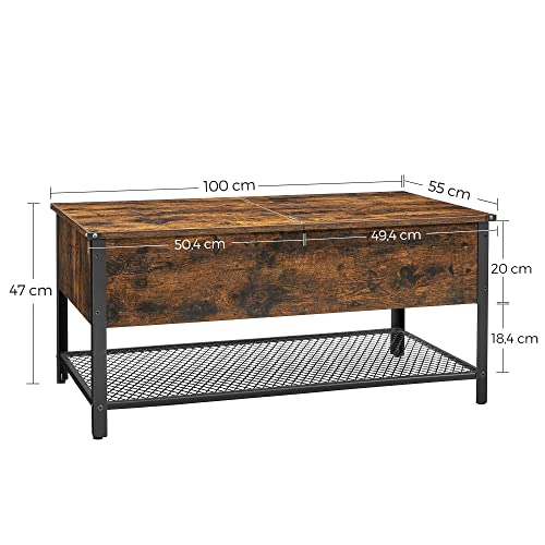 Masa de cafea, Masa pentru living cu capac rabatabil, Compartiment de depozitare ascuns si raft de plasa, Cadru din otel, Stil industrial, 100 x 55 x 47 cm, Maro Rustic si Negru, VASAGLE