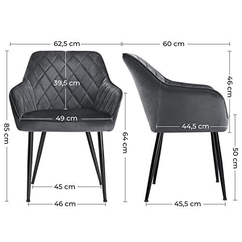 Set de 4 scaune tapitate cu brate  , latimea sezutului de 49 cm, picioare metalice, husa din catifea, suporta pana la 110 kg, pentru studiu, camera de zi, dormitor, gri SONGMICS