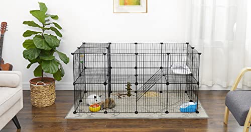 Gard pentru animale de companie din metal cu 2 etaje, 36 de panouri cu grila, cu posibilitate de personalizare, pentru animalele mici, Cobai, Hamsteri, Custi pentru iepuri, include ciocan, pentru uz interior, 143 x 73 x 71 cm, Negru SONGMICS