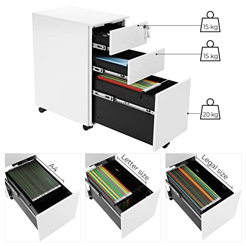 Cabinet de Fisiere Mobil , Cabinet de Birou cu Roti si inchidere, pentru Documente de Tip A4, Legal, si Scrisori, cu Suporturi pentru Fisiere Suspendate, Alb, 30x45x60cm, SONGMICS