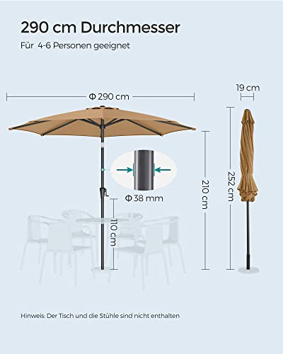 Umbrela de Gradina de 290 cm, Protectie UPF 50+, Parasolar de Soare, inclinare la 30° in 2 Directii, Manivela pentru Deschidere si inchidere, pentru Gradini in Aer Liber, Piscine, Balcoane, Terasa, Baza nu este Inclusa, Taupe SONGMICS