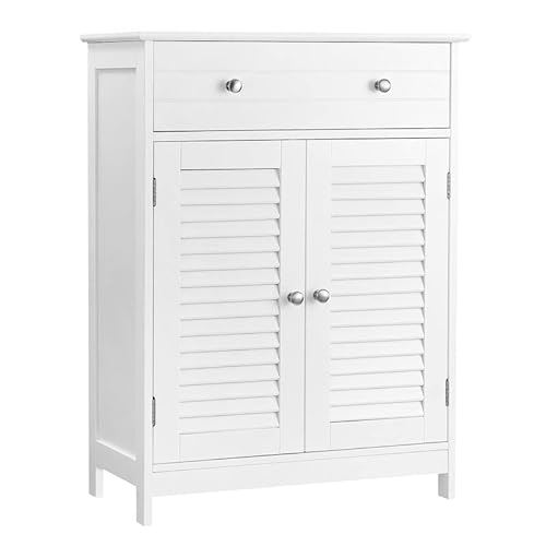 Cabinet pentru Baie, Unitate Organizatoare de Depozitare, 60 x 30 x 80 cm, Dulap cu 2 Usi cu Placi Perforate, Sertar, Raft Reglabil, Stil Nordic Scandinavian, Alb Mat ., VASAGLE