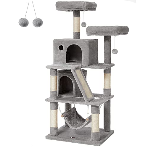 Ansamblu de joaca pentru pisici, casa de pisici, cu 2 pesteri pentru pisici, 155 cm, gri deschis, 60 x 50 x 155 cm, FEANDREA