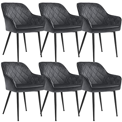Set de 6 scaune dining cu brate  , latimea sezutului de 49 cm, picioare metalice, husa din catifea, suporta pana la 110 kg, pentru studiu, camera de zi, dormitor, gri SONGMICS