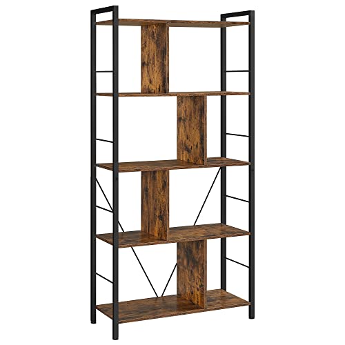 Biblioteca, Raft de carti, Unitate de depozitare cu 5 rafturi pentru camera de zi, Raft de depozitare industrial cu compartimente deschise pentru birou acasa, dormitor, Stil industrial, Maro rustic si Negru, VASAGLE