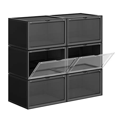 Cutii pentru Pantofi, Set de 6 Organizatoare pentru Pantofi Suprapunere cu Usa Transparenta, Stocare pentru Pantofi din Plastic, Potrivite pentru Marimea 45 UK, 36 x 28 x 22 cm, Negre SONGMICS