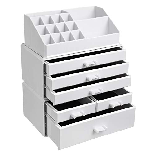 Organizator Mare din Acrilic pentru Machiaj, Cutie pentru Cosmetice cu 6 Sertare, pentru Palete, Pensule, Fond de Ten, Rujuri, Oje, Agrafe de Par, Cadou Minunat pentru Cei Dragi, Alb SONGMICS