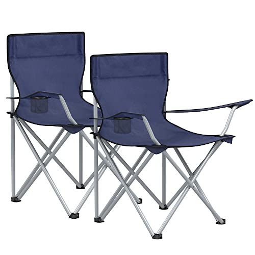 Scaune pliante pentru camping, set de 2 scaune de exterior, cu brate, suport pentru pahar, portabile, capacitate de incarcare de 120 kg, pentru camping, gradina, pescuit, plaja, balcon, albastru inchis SONGMICS