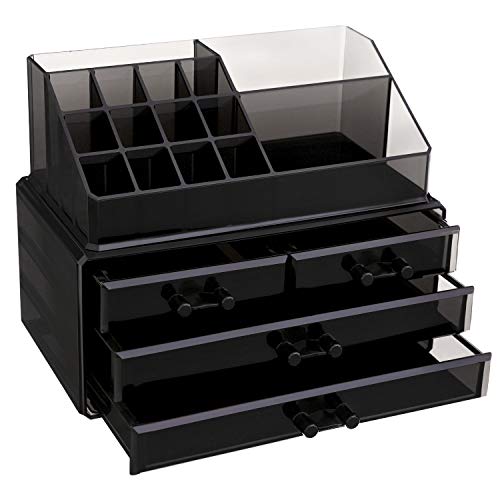 Organizator de Machiaj din Acrilic, Cutie de Depozitare pentru Machiaj, Caz de Afisare Cosmetic, cu 4 Sertare, pentru Pensule, Palete, Rujuri, Oja, Cadou, Negru SONGMICS