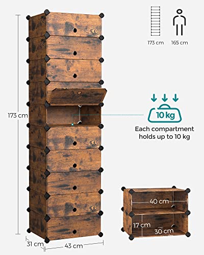 Raft pentru Pantofi cu imbinare, Organizator de Depozitare Rectangular, Unitate de Rafturi Modulare DIY cu 10 Compartimente, 40 x 30 x 17 cm pentru Fiecare Compartiment, Dulap din Plastic cu Usi, Maro Rustic SONGMICS